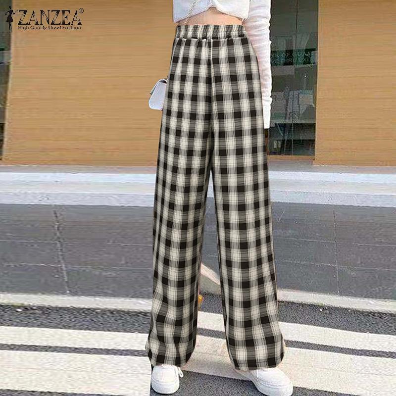 

ZANZEA Весенние женщины Клетчатая эластичная талия Свободные длинные брюки