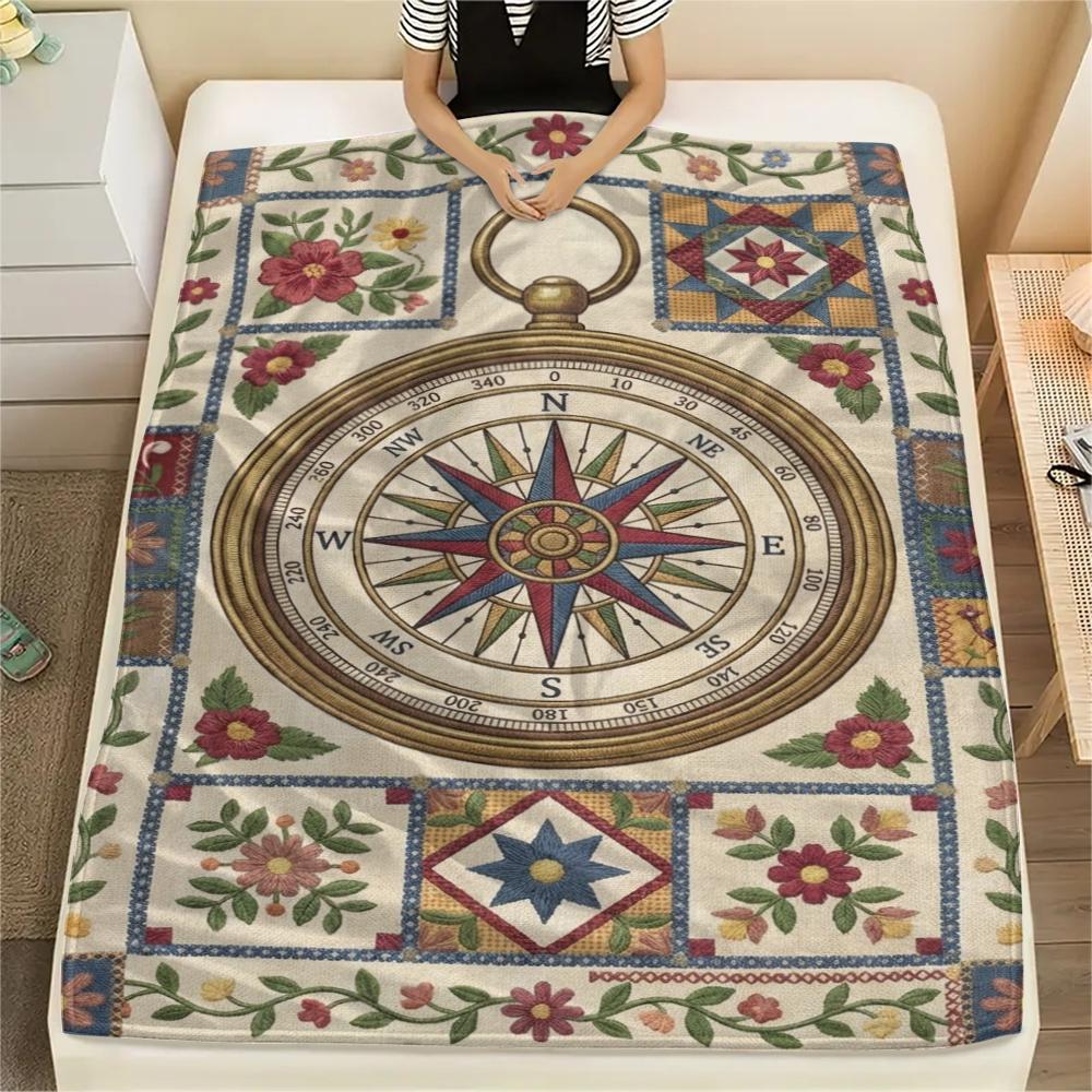 1Pc Compass Print Flannel Blanket, High Quality Comfortable for All Seasons, Home Decor, Warmth and Comfort, Perfect for Christmas Gifts W167