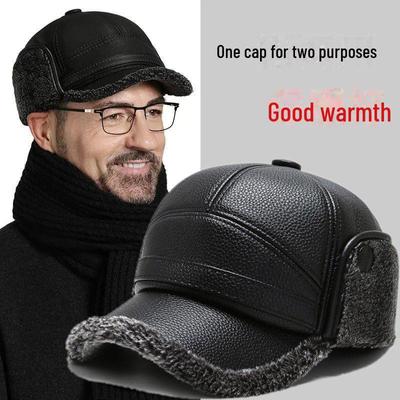 Wintermütze aus Leder für Herren mit Ohrenschutz – warme und winddichte Entenschnabelmütze für mittlere und ältere Menschen