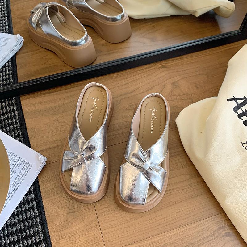 5Cm Thick-soled Half-slippers Women's 2025 Summer New Korean Version Round Head Thick-soled Butterfly Comfortable Outer Wear Women's Shoes