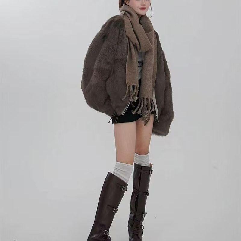 Women Stand Collar Short Workwear Faux Fur Lined Parka Jacket