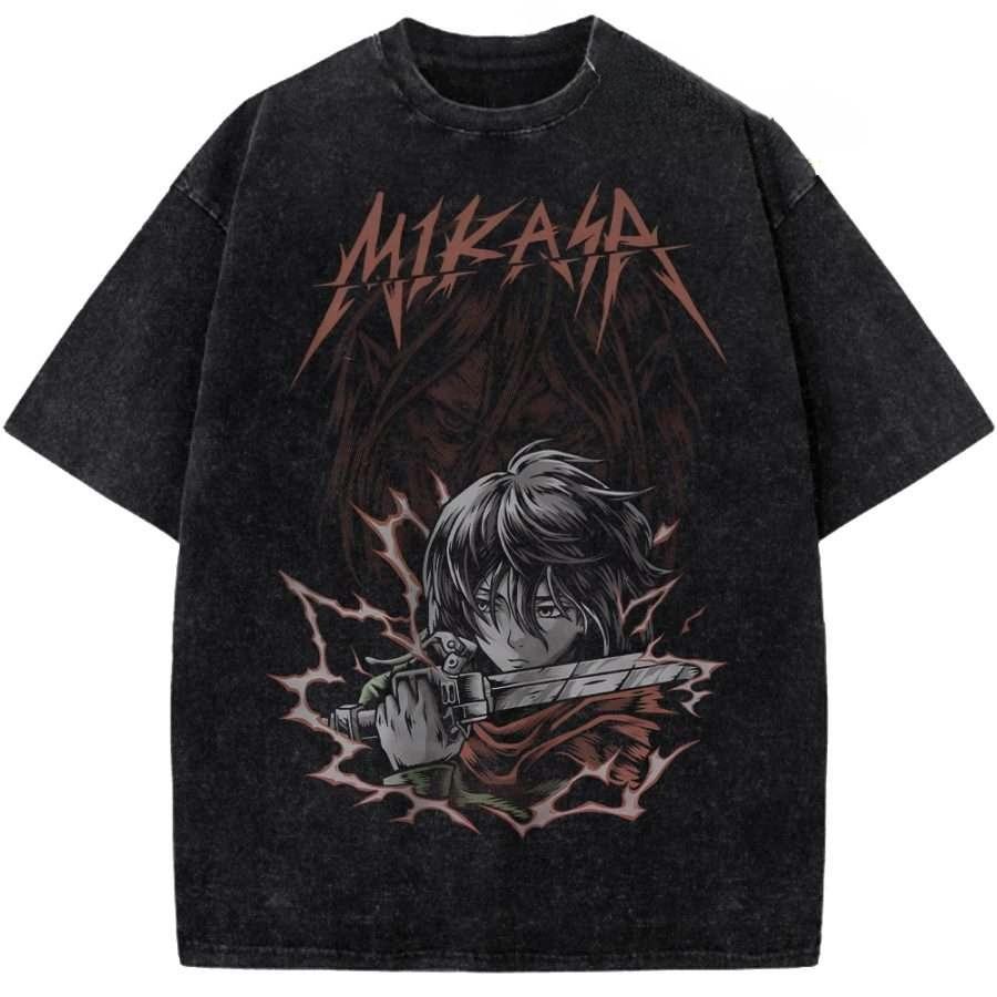 Mikasa Print T-shirt Attack On Titan Anime Clothing Men Short Sleeve Cotton Tshirts Vintage Washed Tee Harajuku Male T Shirt