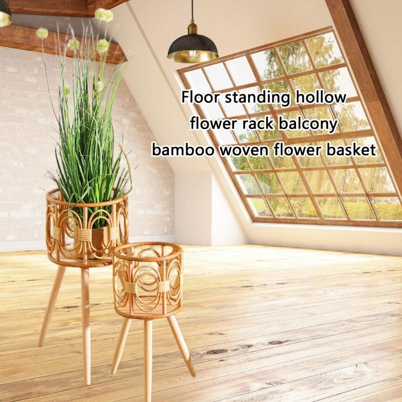 Rattan Woven Flower Pots Plant Basket Grass Planter with Wood Stand Indoor Outdoor Garden Storage Container Home Decors