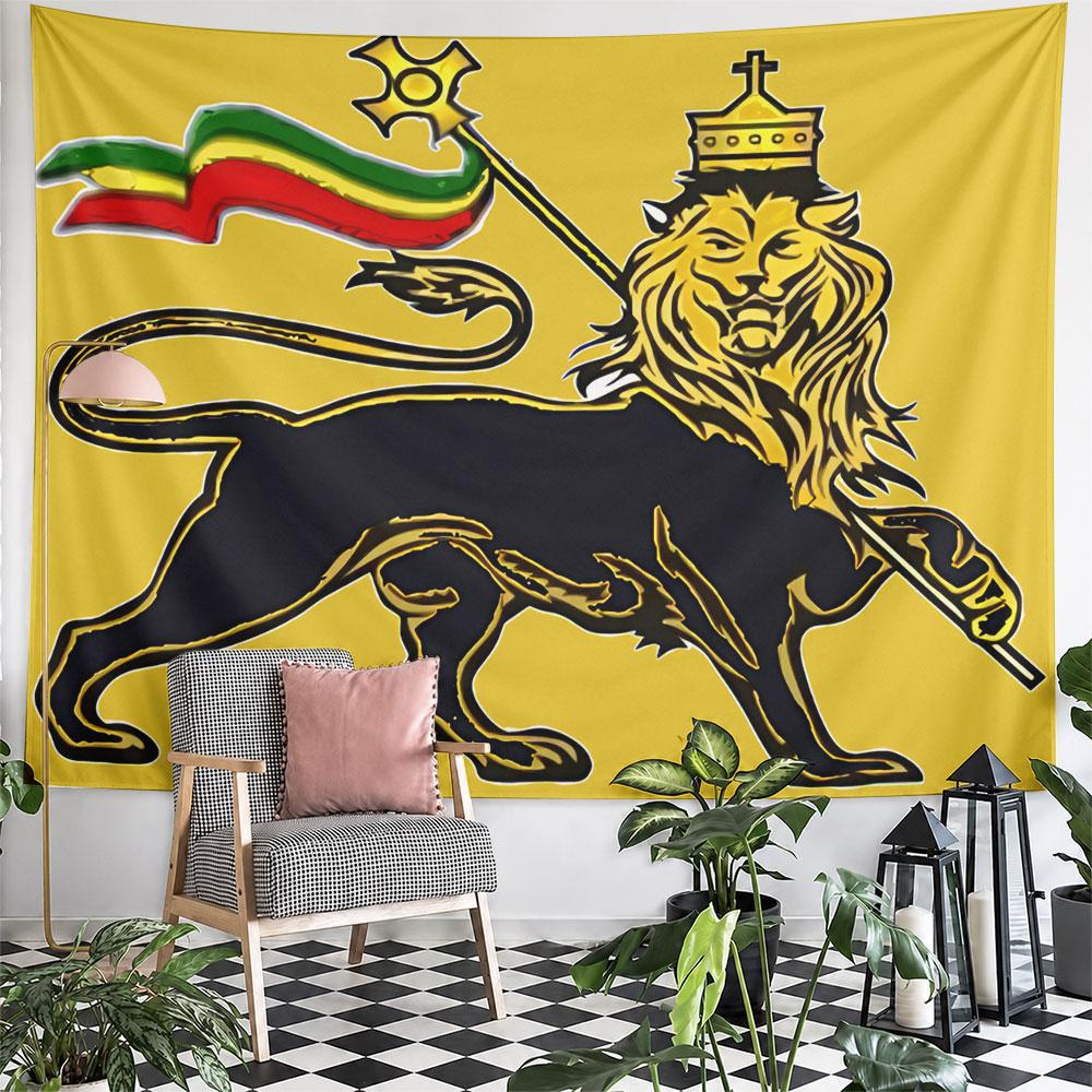 A crowned lion holding a staff with a flag in red, yellow, and green. Patterned tapestry for bedroom and living room home decor