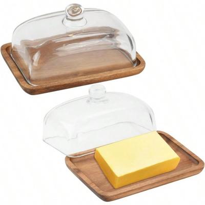2-teiliges Set mit eleganten Butterdosen aus Holz mit transparenter Kuppel, klassisches Vintage-Tablett für Hochzeitstorten, Mehrzweck-Snack-Präsentationsteller, Dessert-Servierplatte