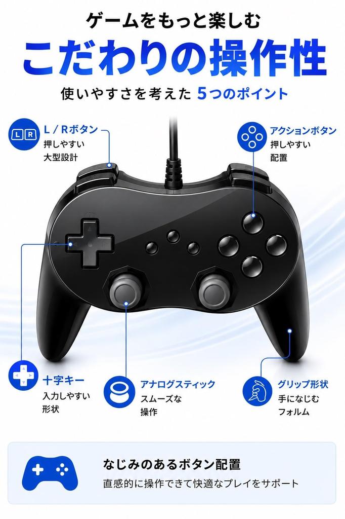 Wii Games More Classic Controller PRO Compatible with Super Famicom Wired Vibration Plug and [Enjoy Comfortably] Mini, Connection, Function, Play.