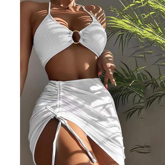 Plavky v evropsko-americkém stylu, dámské, přiléhavé na tělo, jednobarevné, sexy plavky se zapínáním na krk, třídílné bikiny plážové módní plavky