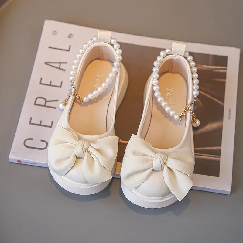 Children's Fashionable Black Leather Shoes with Pearl Chain Bow Cute Girl Mary Janes 2024 New Kids Versatile Wedding Party Shoes