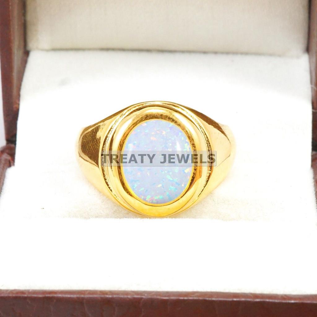 Opal Oval Cut With 925 Sterling Silver Gold Plated Ring For Men's #B369 JL375682066863