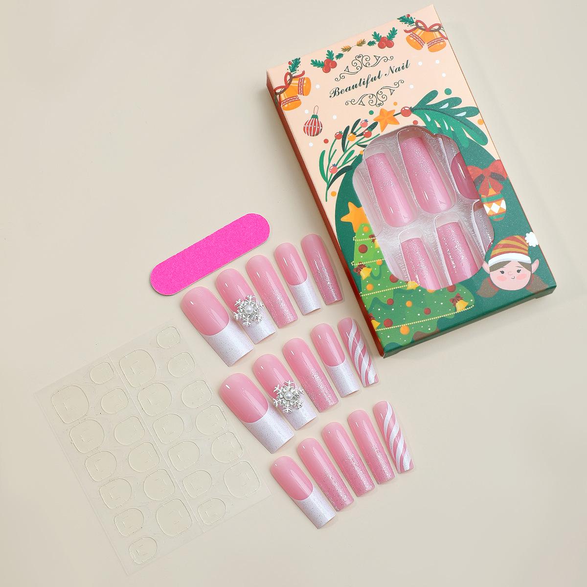 

Ногти-накладки френч с блестками-снежинками в европейском и американском рождественском стиле