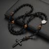 Collana Religiosa da Uomo con Pietra Vulcanica Nera e Occhio di Tigre Giallo Croce