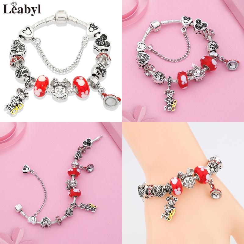 Potdemiel Pink Enamel Crystal Minnie Charm Bracelets Silver Color Heart Cartoon Bead Jewelry for Women Girl Gift