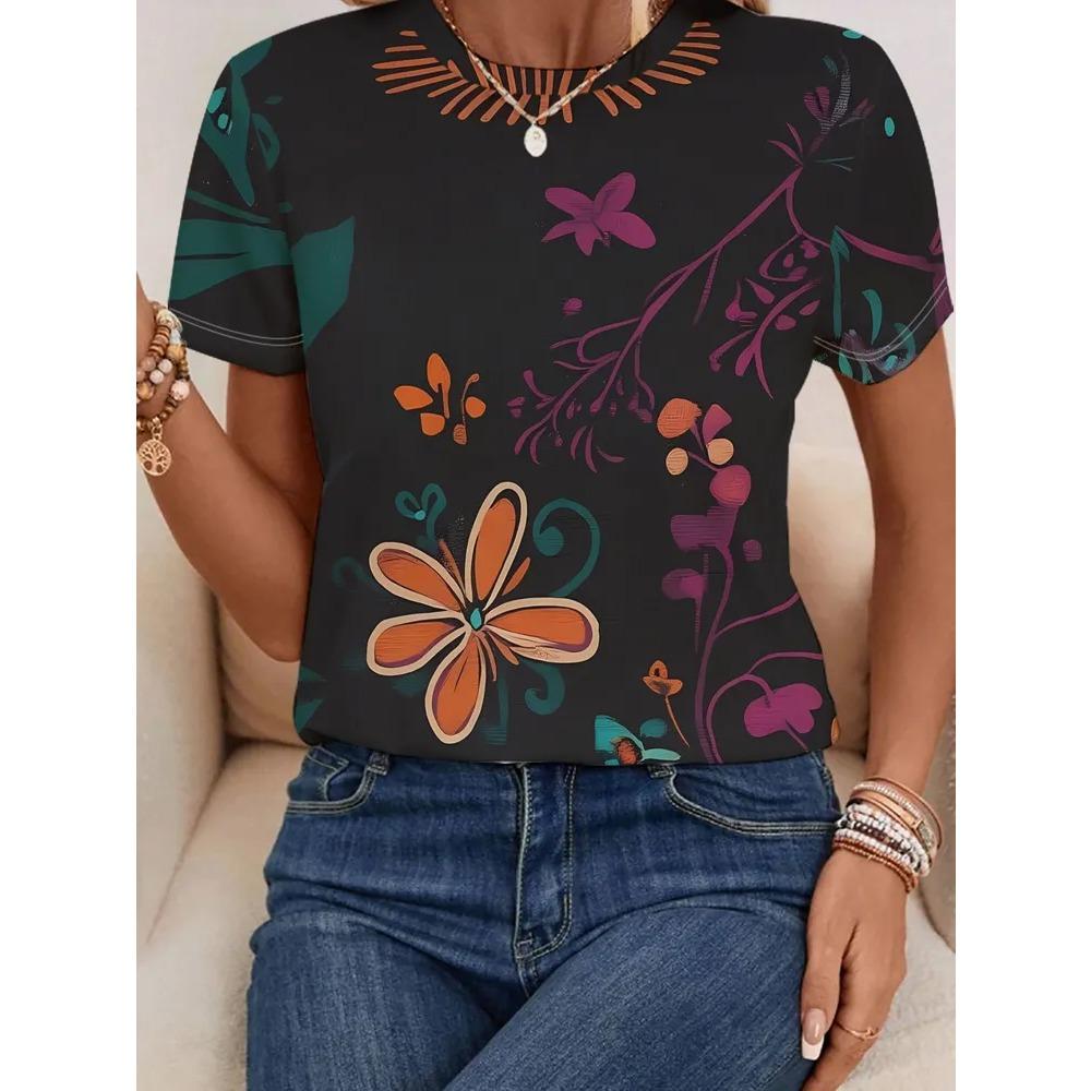 Creative Flower 3D Printed Short Sleeved T-shirt Fashionable Comfortable Soft Breathable Large Loose Womens T-shirt