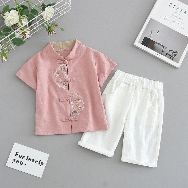 Hanbok pentru copii Costum Tang pentru băieți Stil chinezesc Costum de vară pentru copii cu mânecă scurtă din bumbac și in Stil retro Ming pentru copii