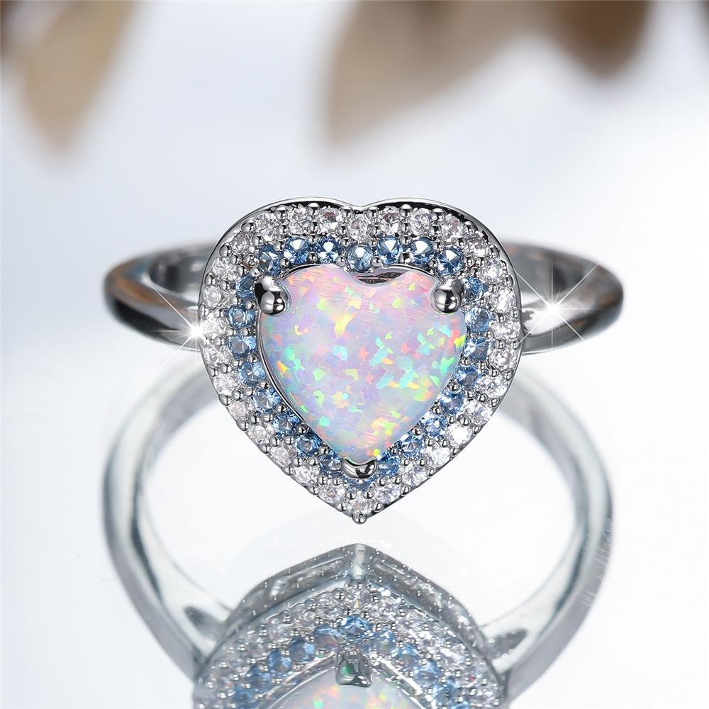 Trendy White Opal Crystal Love Heart Stone Vintage Silver Color Wedding Bands Engagement Rings For Wome Jewelry