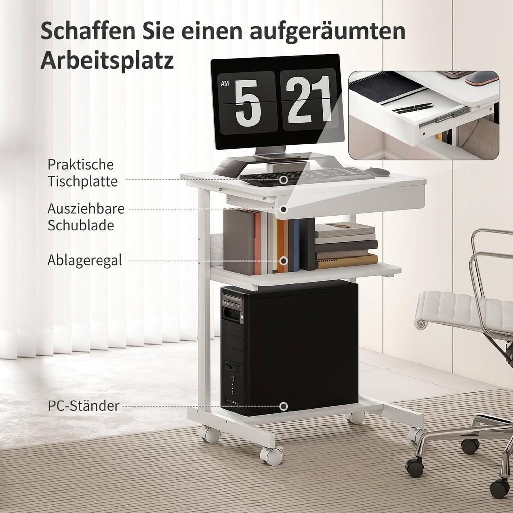 Rolling Desk with Drawer and Shelves, 4 Wheels, Compact, Chipboard, Metal