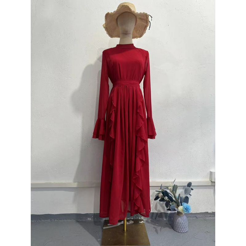 

Шифоновое платье в западном стиле с деревянными вставками на ушах, шифоновое платье с темпераментом, с полувысоким воротником, платье с полувысоким воротником Red XL