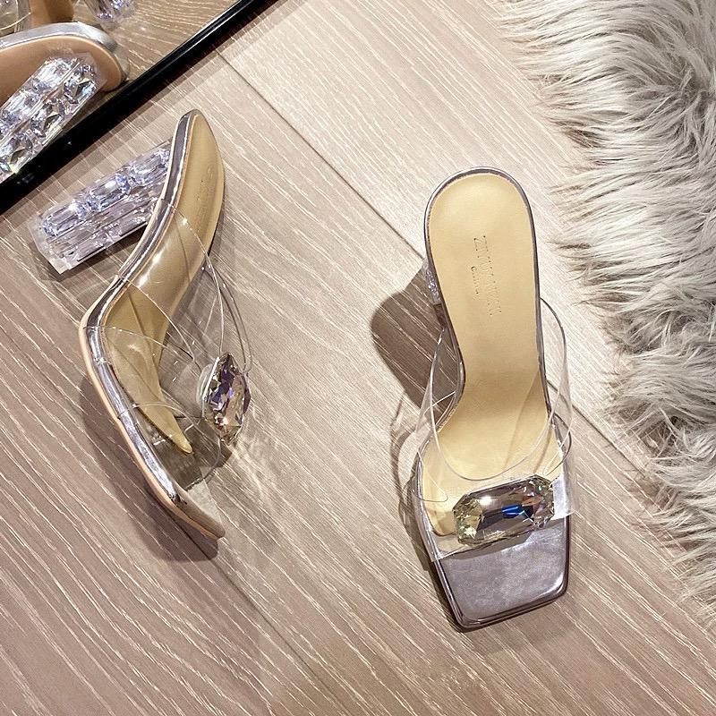 Fashion Transparent One-Line Water Diamond Flip-Flops For Women, 2025 Summer New Thick-Heeled Crystal Shoes, Sexy High-Heeled Sandals
