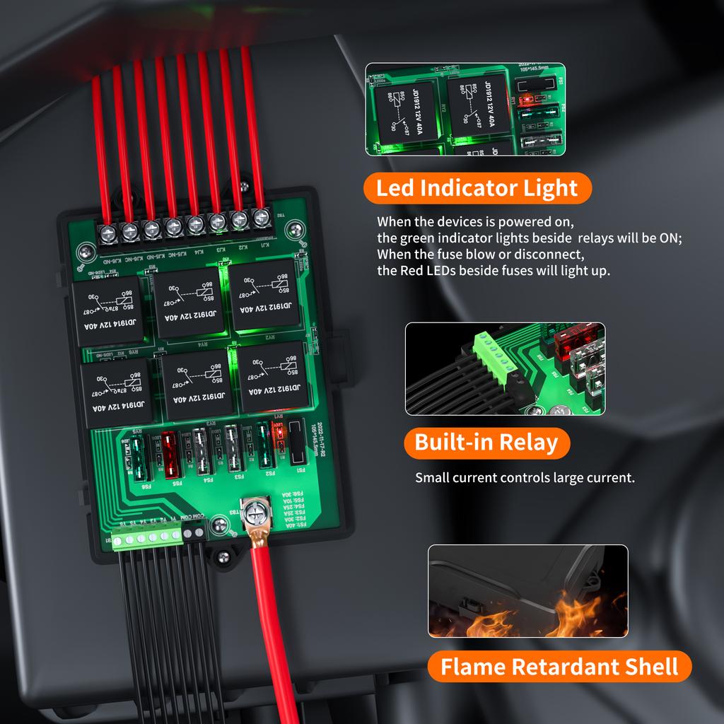 Caixa de Relés Caixa de Fusíveis e Relés 12V Automotiva Painel de Fusíveis Universal com 6 Relés e 14 Fusíveis de Lâmina ATC/ATO Caixa de Fusíveis de 12 Volts