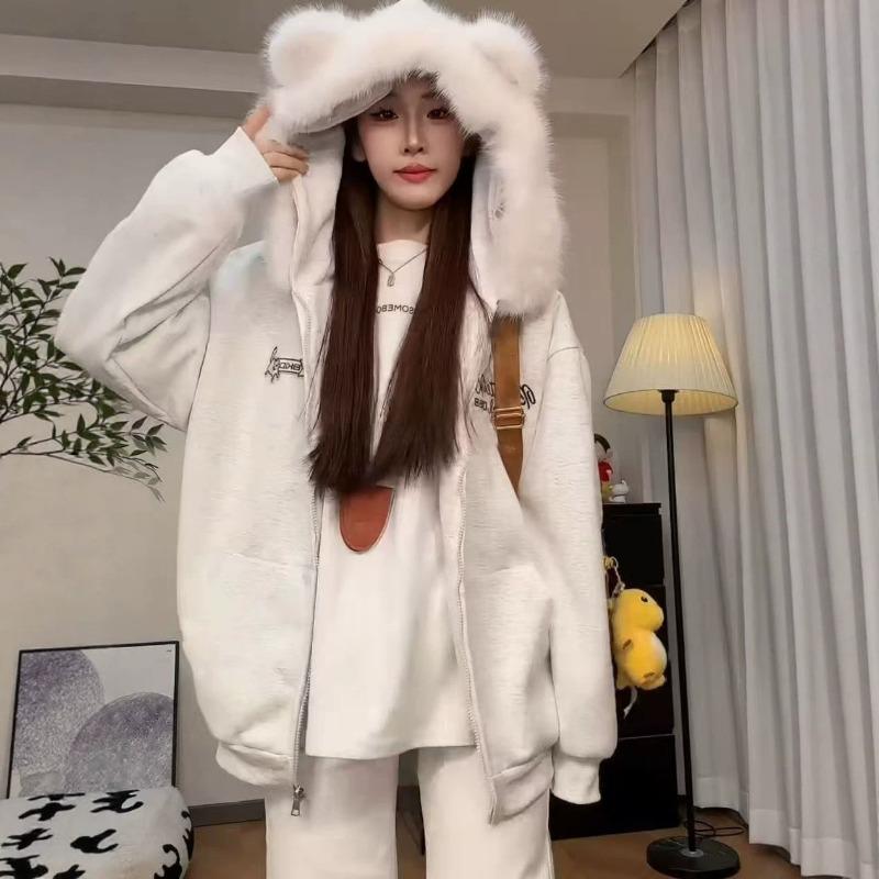 Fur Collar Cat Ears Hooded Zipper Cardigan Sweater Women's Autumn and Winter Great-looking Plush Thickened Loose Top Jacket