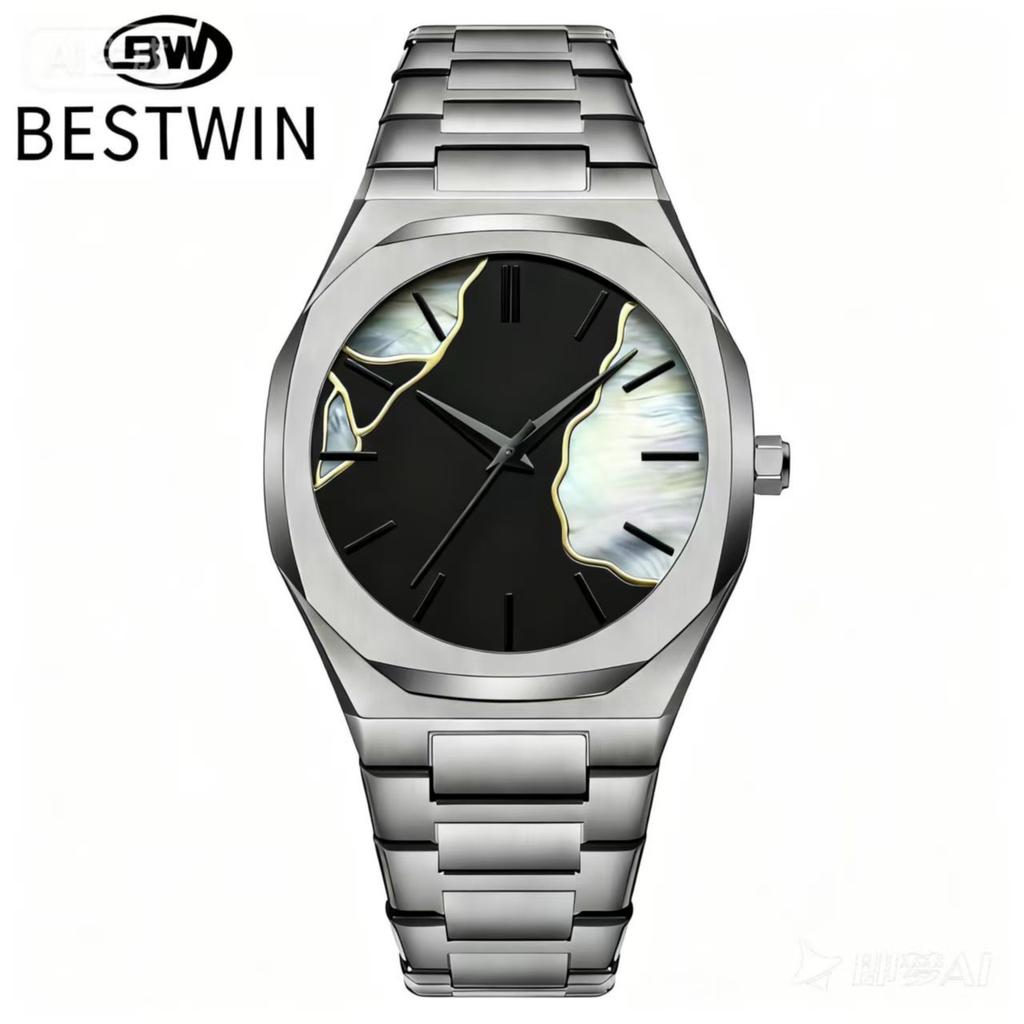 Fashion Bestwin Men's Waterproof Luxury Watch With Shell Dial Quartz Movement Full Stainless Steel Business Casual Wrist Watches
