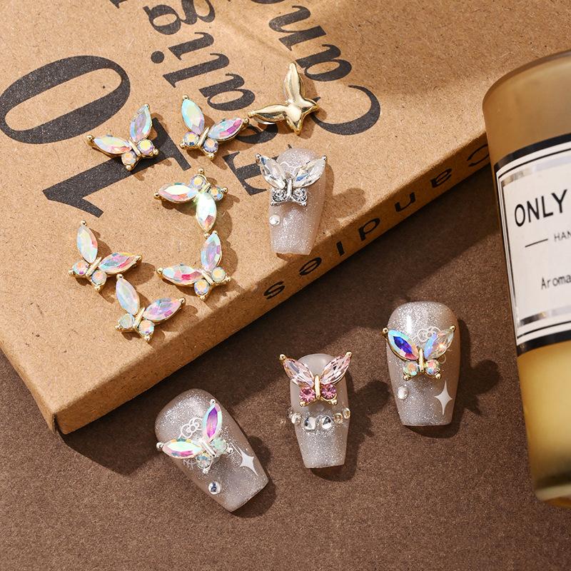 5Pcs Simulated Alloy Butterfly Nail Art Decorations Light Luxury Butterfly Glass Inlaid Nail Charms Accessories DIY