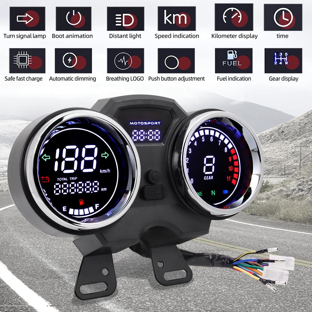 Universal LCD Digital Motorcycle Speedometer Tacho Gauge Motor Speed Gauge Tachometer RPM Meter Fuel Gauge For GN125 12V GAUA