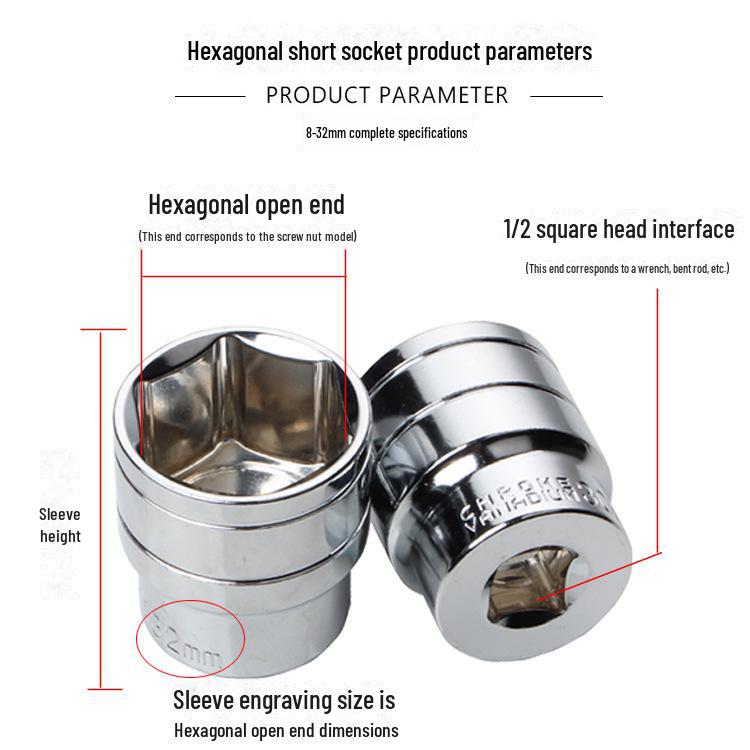 1/2 Inch Large Short Socket Wrench Head - Fits 8/10/14/17mm Hexagonal Socket, 12.5mm Tool
