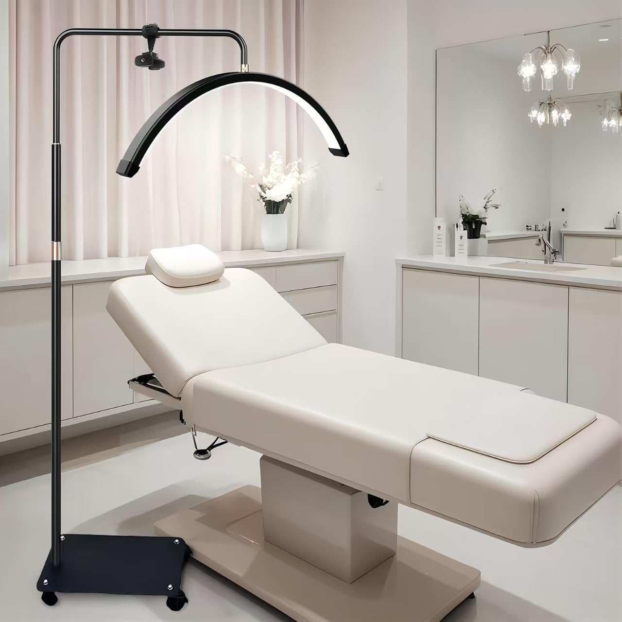 

NODIBRO 23-дюймовый полумесяц бьюти-свет со слайдером, лампа для наращивания ресниц, вращающаяся на 360° головка лампы, пульт дистанционного управления, регулируемая высота, держатель для телефона, для