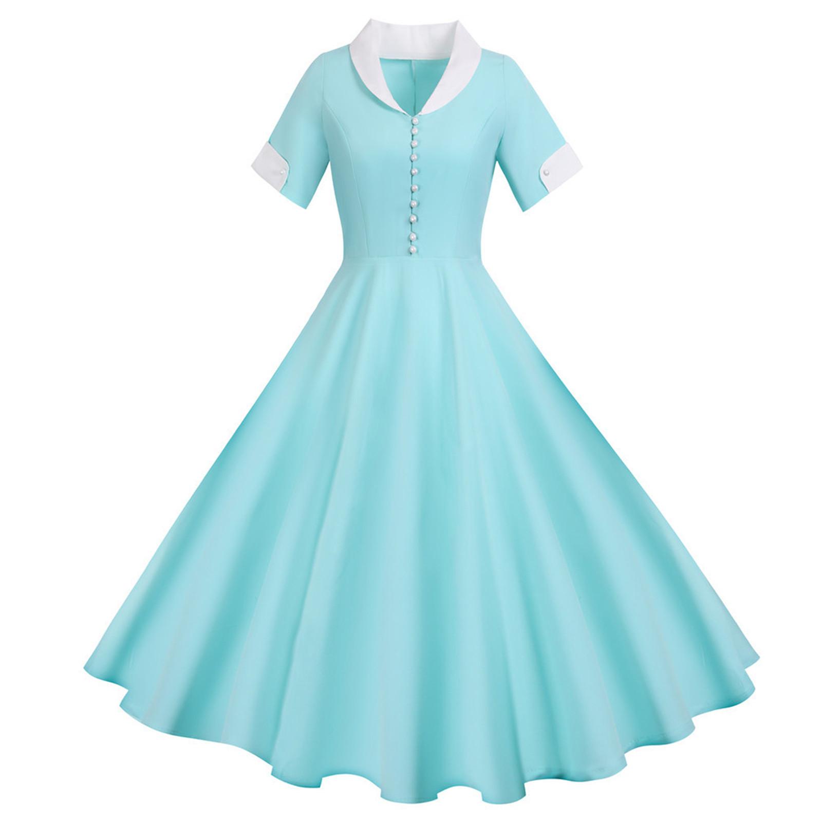 

Жіночі модні повсякденні тонкі суцільні вінтажні сукні з короткими рукавами і коміром M