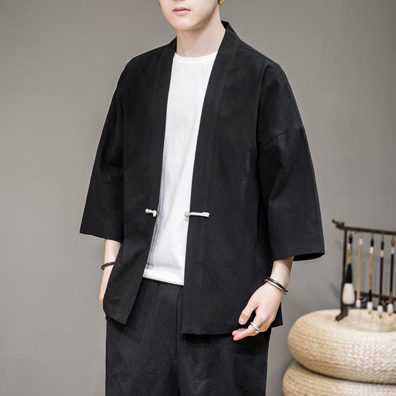 Costume Disc Buckle Hanfu Men Chinese Style Cotton Robe Cardigan Jacket Oversized Kimono Ancient Coat Male