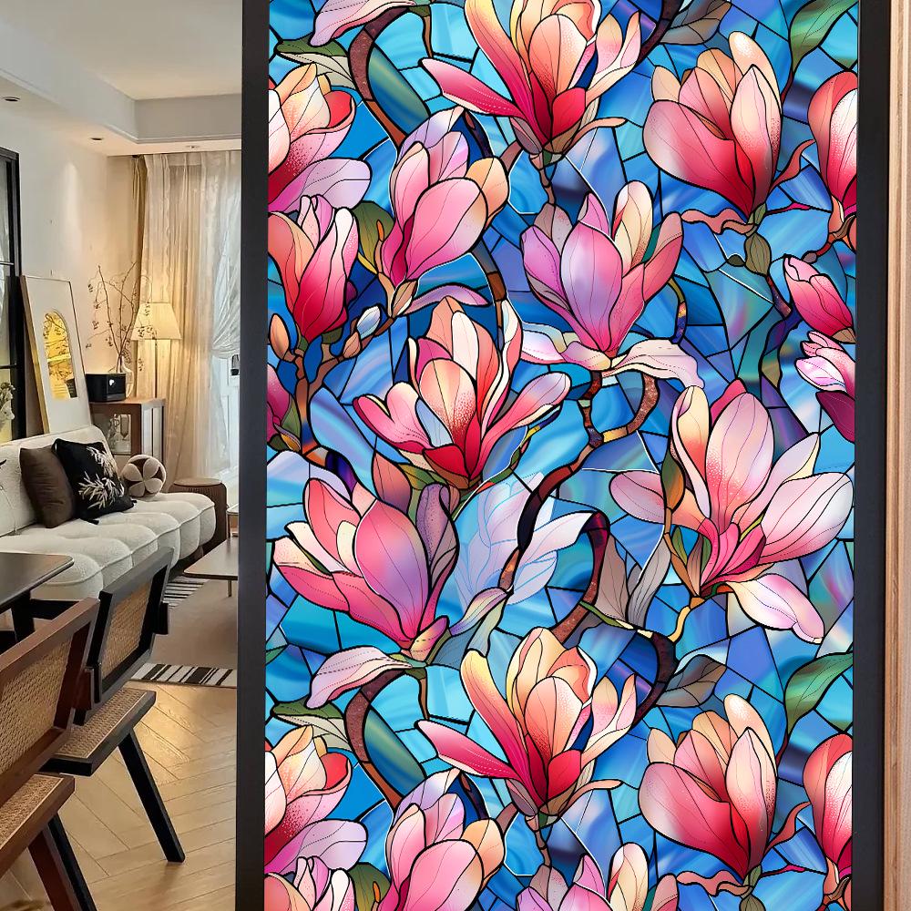

Colorful Retro Floral & Bird Static Cling Window Film - No Glue, Removable 45x100cm Frosted