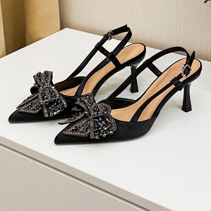 Autumn Style, Fashionable And Versatile Pointed Toe Rhinestone Bow Wedding Shoes With Open Back.