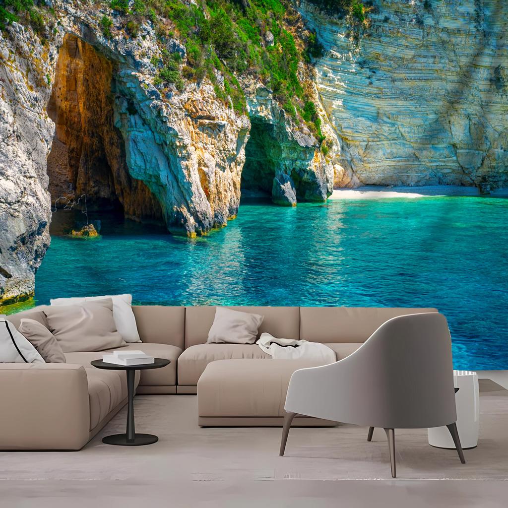 Turquoise Sea Cave Beach Tapestry, Crystal Clear Water Rocky Cliffs Coastal Nature Landscape Wall Art For Home Decor