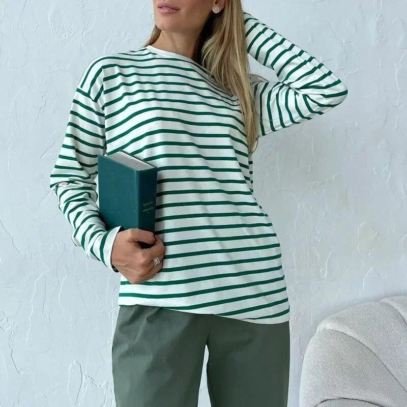 

Модные свободные повседневные хлопковые футболки в полоску с длинными рукавами, элегантные офисные женские мягкие топы с круглым вырезом, осенняя женская одежда 29678 M зелёный