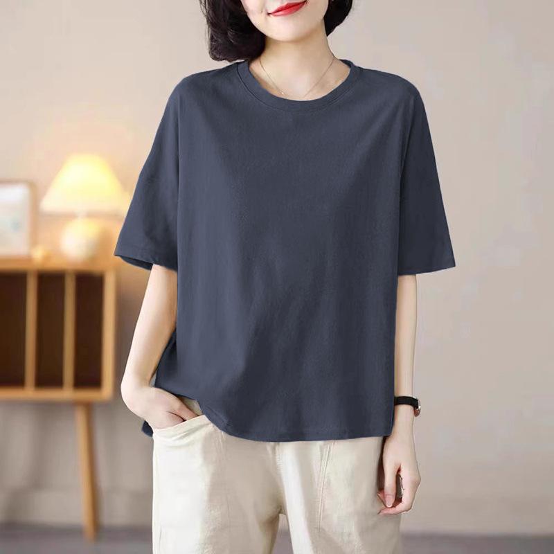 Solid Color Round Neck Short-sleeved Top Summer New Versatile Niche Good-looking Large-size Women's T-shirt Ins