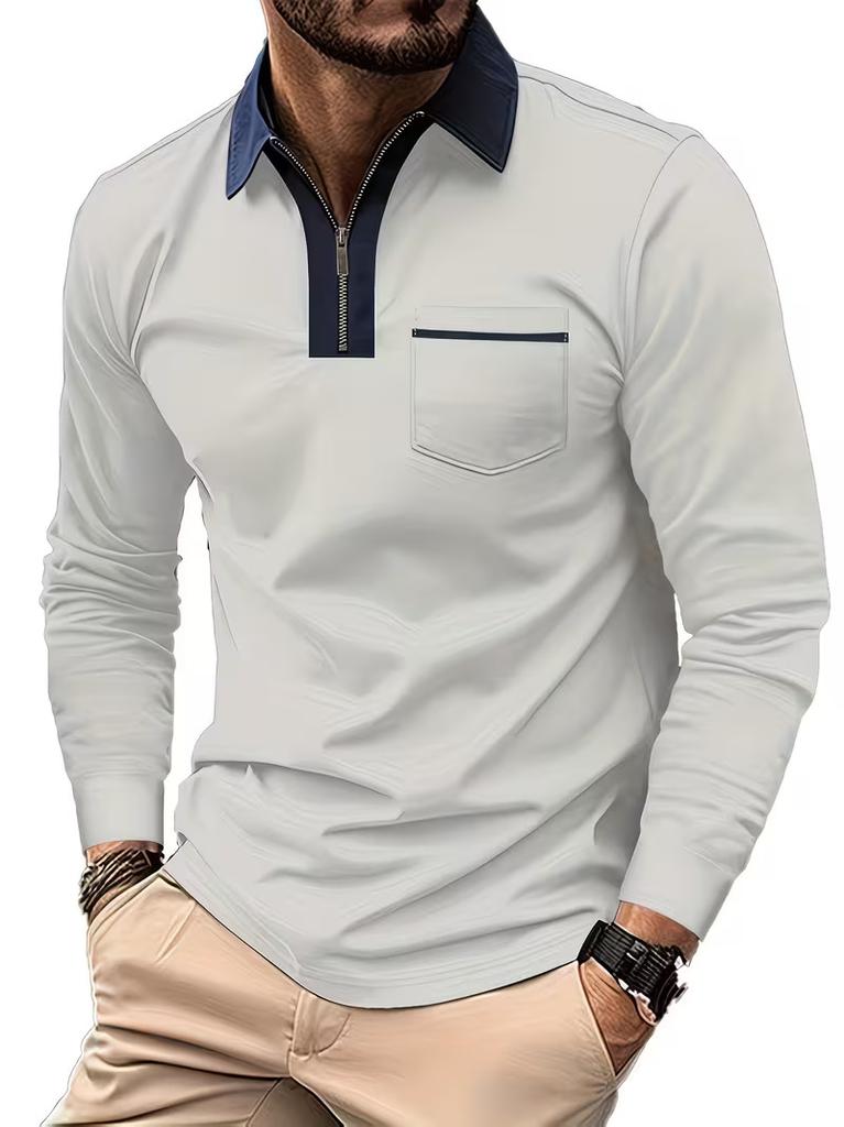 Men's Long Sleeve Striped Polo Shirt, Casual Comfortable Daily Wear