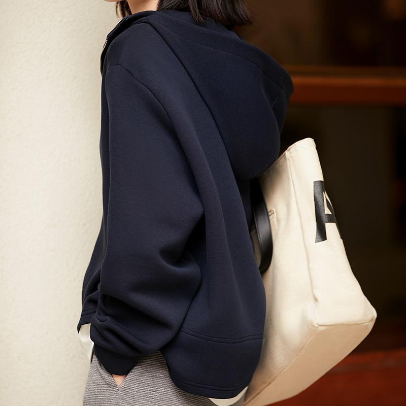 Air layer fake two-piece hooded sweater women's casual simple zipper pullover jacket top, season women's clothing