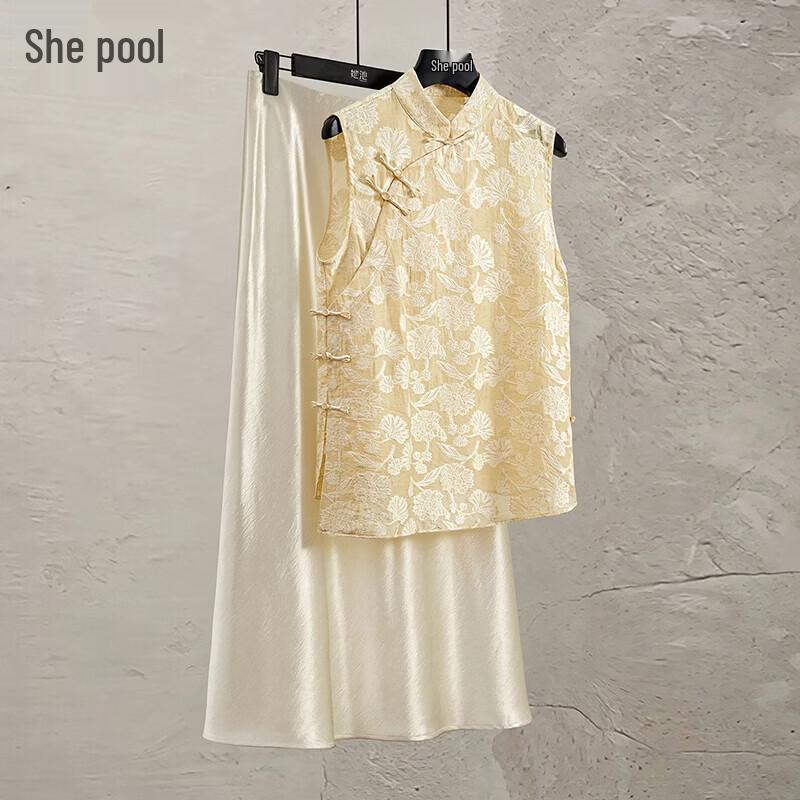 Women s New Chinese Style Jacquard Stand Collar Vest Top with Frog Buttons S