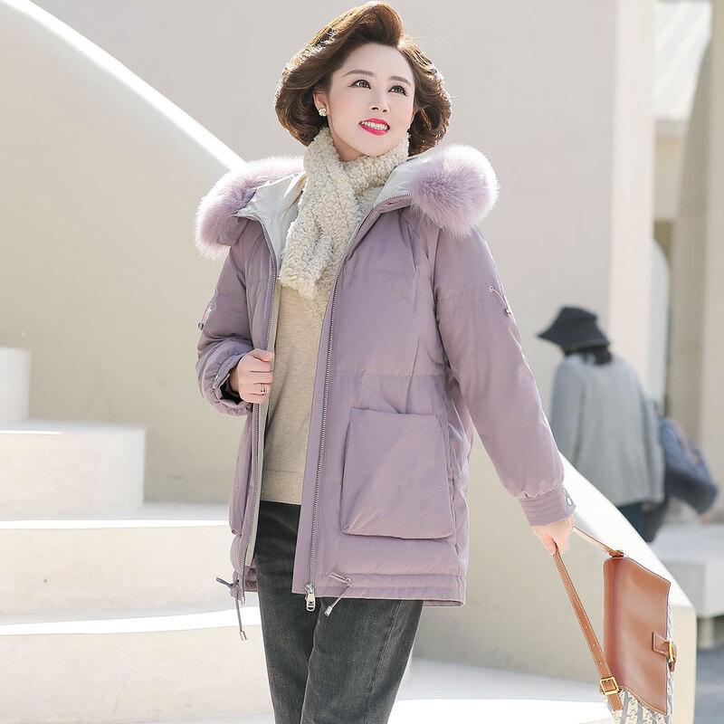 JIANHU Women's 90% White Duck Down Mid-Length Winter Coat with Large Fur Collar
