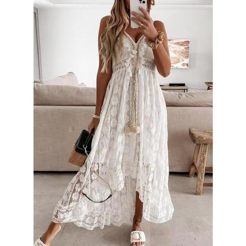 Women's Lace Maxi Dress Long Sleeve V Neck Boho Ruffle Elegant White Long Dress