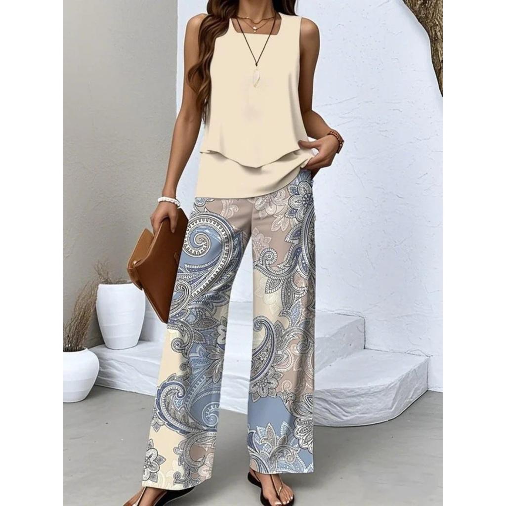 Novedades de Primavera y Verano, Conjuntos Casuales, Estampados de Moda, Ropa de Mujer sin Mangas, Chalecos de Doble Capa, Colores Lisos, Conjuntos Estampados