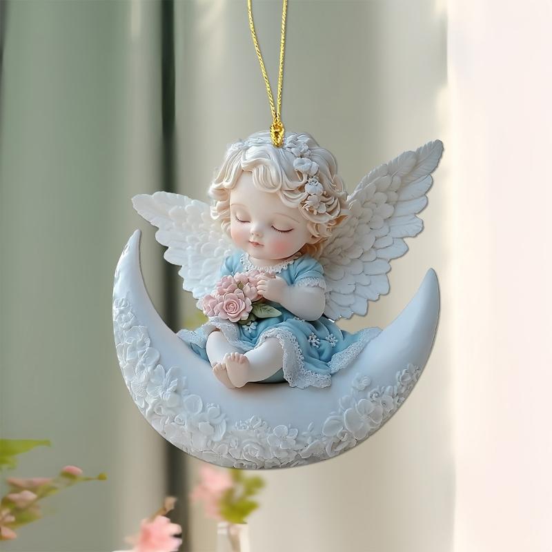 2D Flat Acrylic Angel Baby On Moon Sculpture Hanging Pendant Charm Christmas Tree Ornament Car Interior Decors Gifting