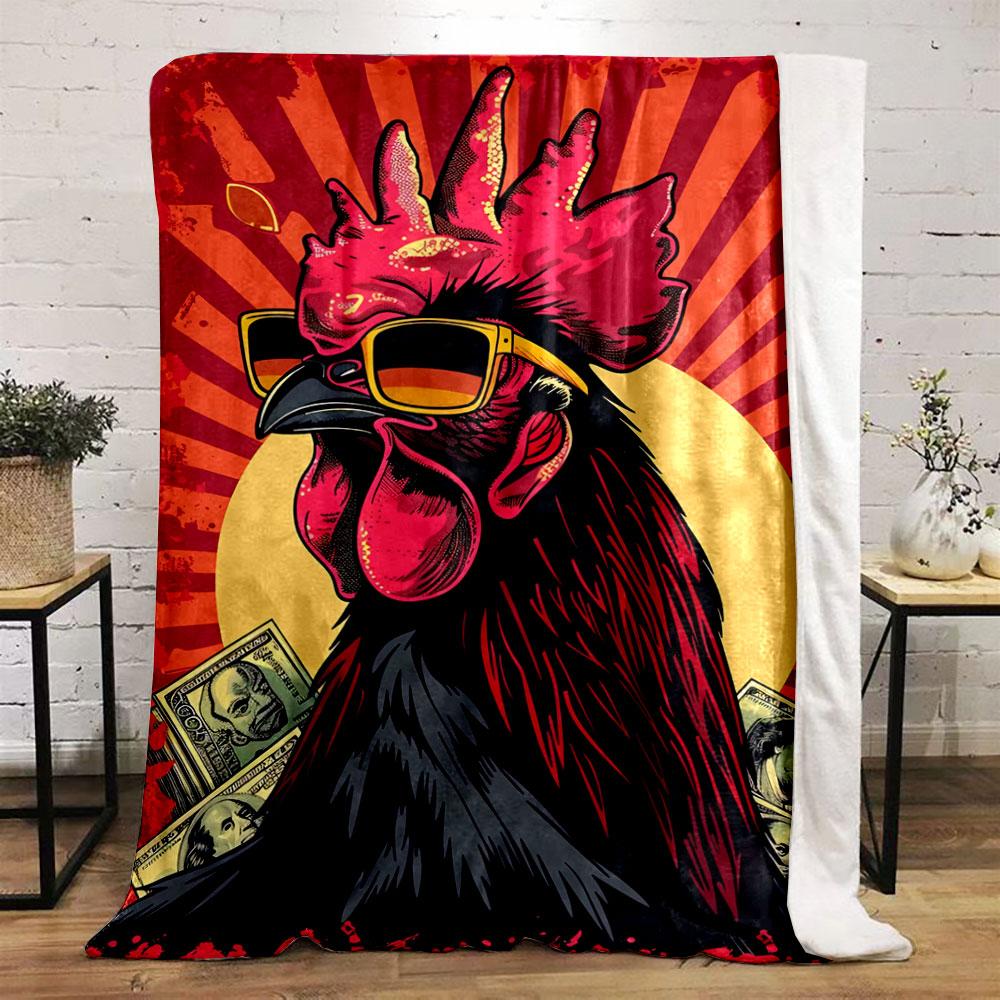 A stylized rooster with sunglasses, money, and bold sunburst background. for all seasons blanket lunch break throw gift