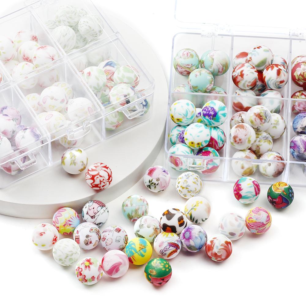 10Pcs 15mm New Silicone Beads Round Print Colorful Spacer Beads Food Grade Baby Nursing Necklace Pacifier Chain Teether Toys