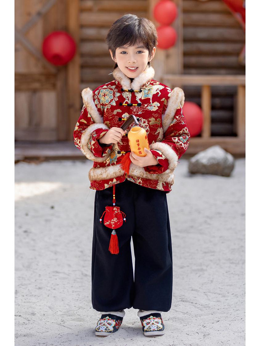 

2025 Festive Chinese New Year Outfits with Fur Trim for Boys and Girls 120cm
