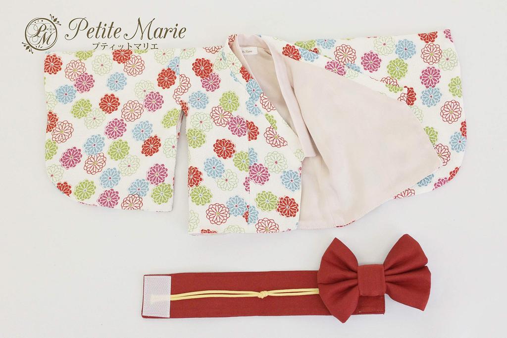[Petite Marie] 13 MDD Compatible, Stylish Small Chrysanthemum Chirimen Mini-Length Kimono, White with Red Obi, 40cm Doll, BJD Doll Clothes [Petite