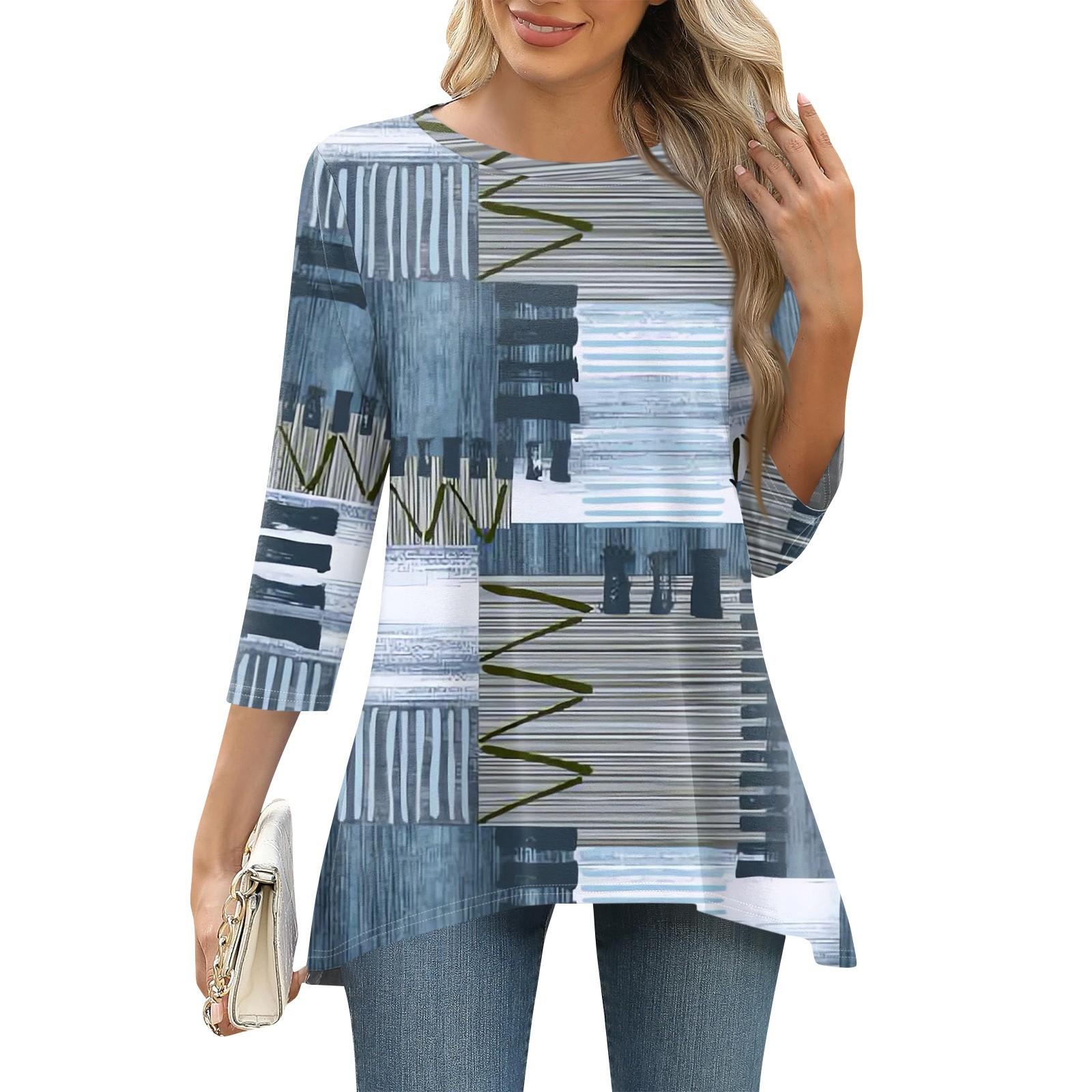

3/4 рукав туника топы для женщин принтованный повседневный выходной свободный крой модная базовая футболка с круглым вырезом M синий