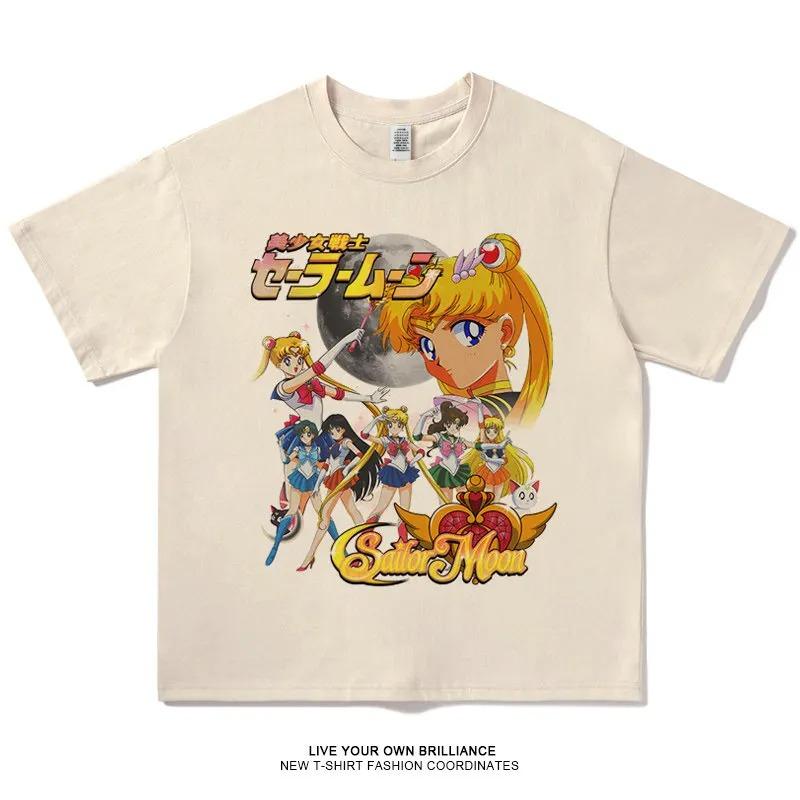Stylish White Cotton T-Shirt Featuring Sailor Moon and Inner Senshi Retro Anime Group Graphic T-Shirt