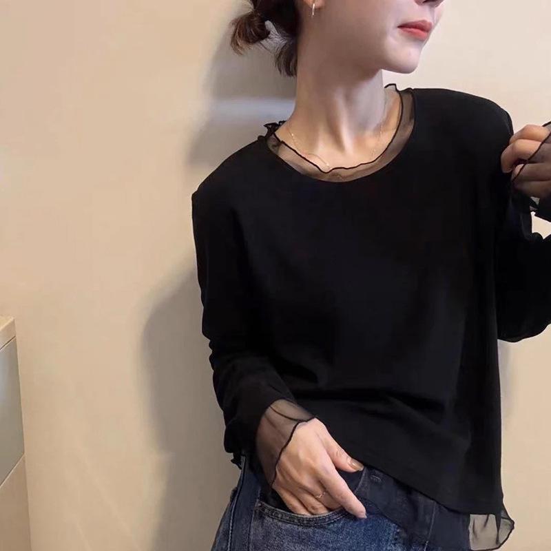 Women s Autumn/Winter Mesh Patchwork Long Sleeve Base Layer - Slimming, Solid Color, Versatile Top XL чёрный